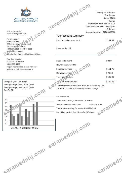 Yemen Gas Company business utility bill template in Word and PDF formats